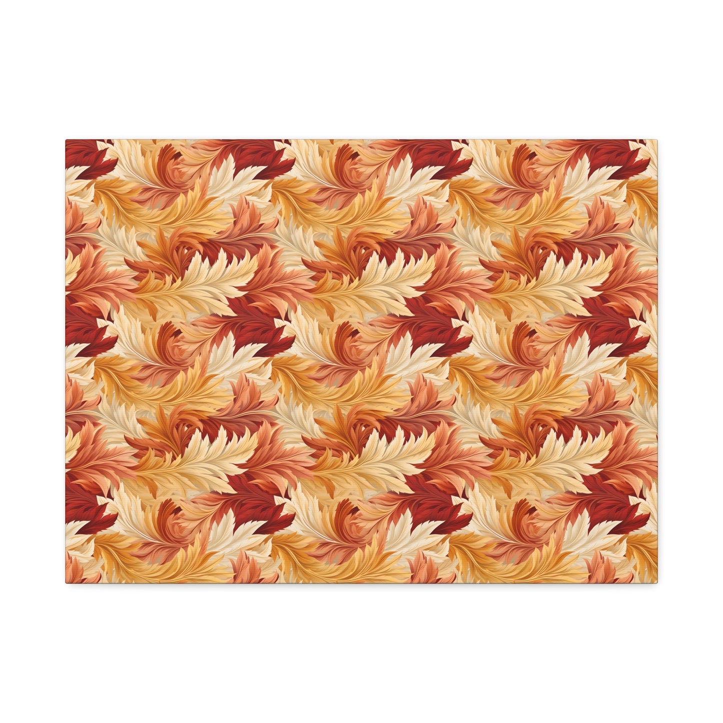 Feathered Foliage: Rococo-Inspired Autumn Patterns - Satin Canvas, Stretched - Pattern Symphony