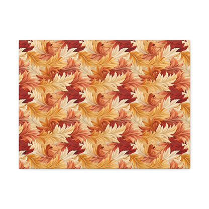 Feathered Foliage: Rococo-Inspired Autumn Patterns - Satin Canvas, Stretched - Pattern Symphony