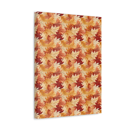 Feathered Foliage: Rococo-Inspired Autumn Patterns - Satin Canvas, Stretched - Pattern Symphony