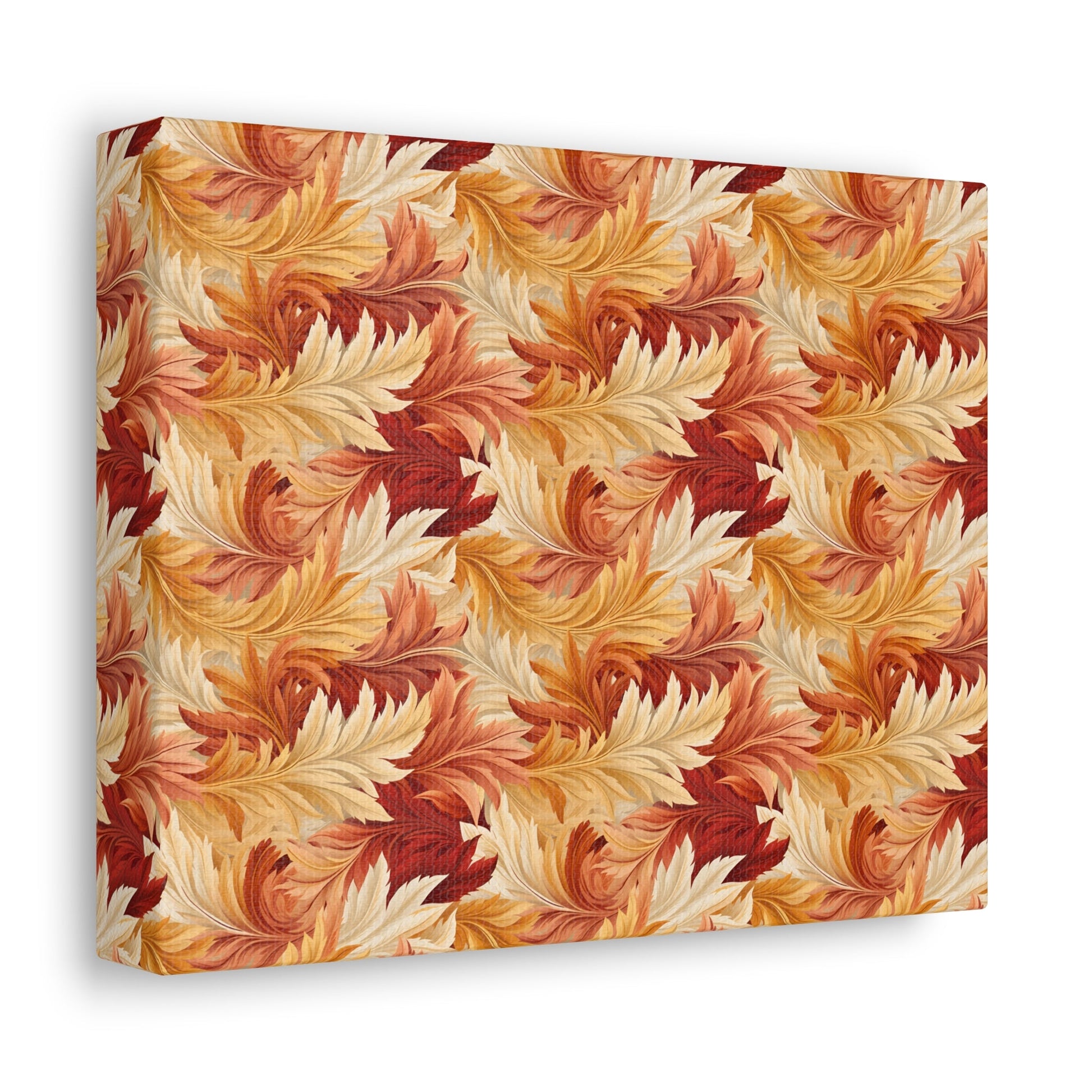 Feathered Foliage: Rococo-Inspired Autumn Patterns - Satin Canvas, Stretched - Pattern Symphony