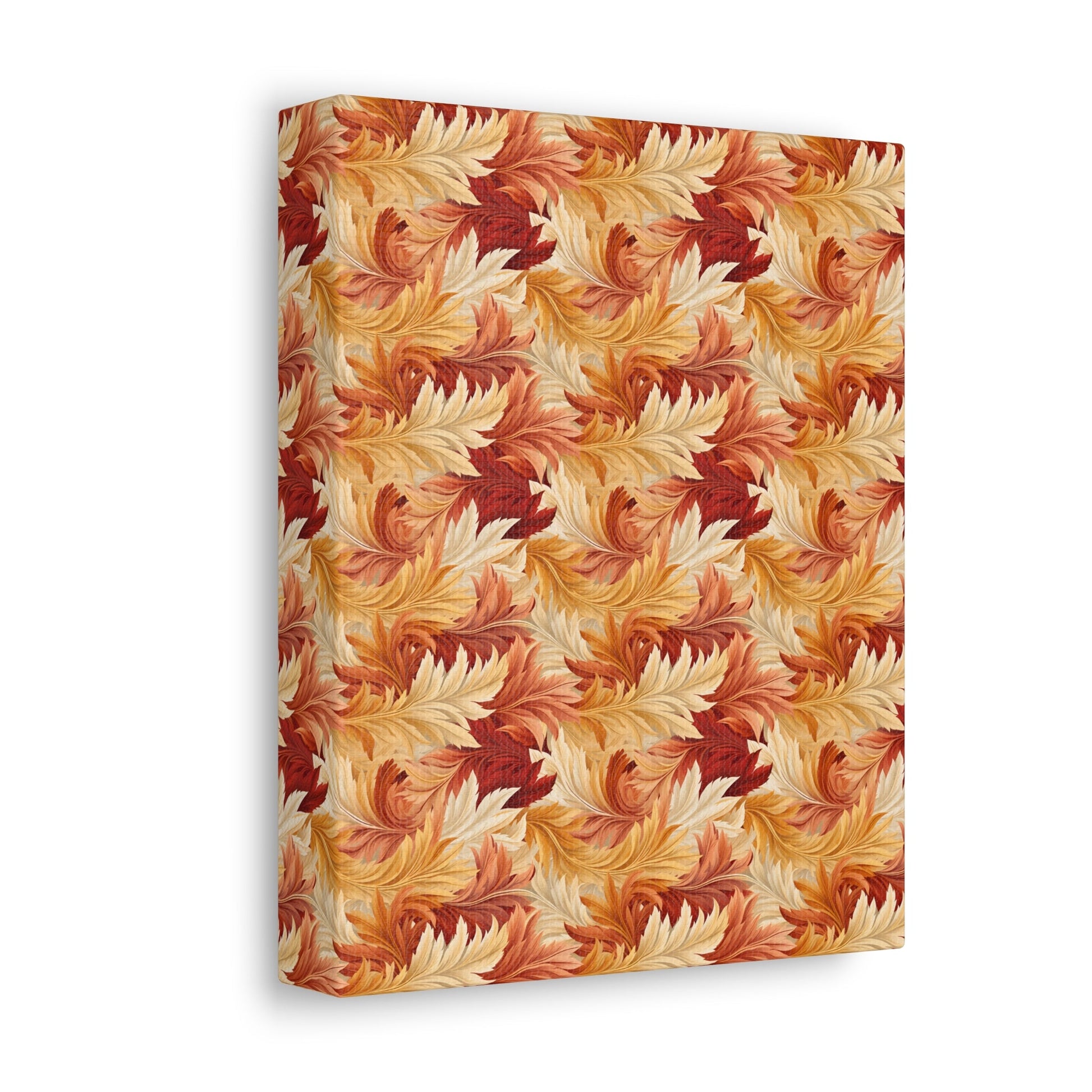 Feathered Foliage: Rococo-Inspired Autumn Patterns - Satin Canvas, Stretched - Pattern Symphony