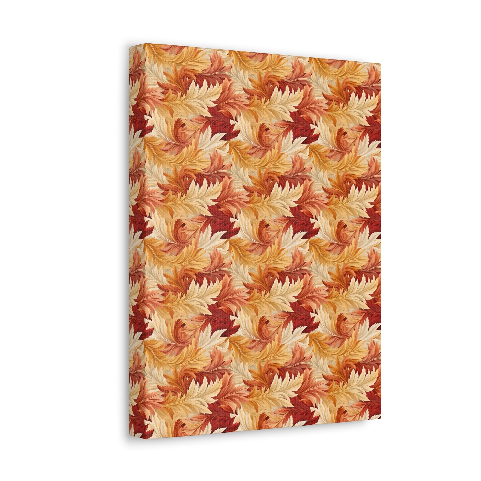 Feathered Foliage: Rococo-Inspired Autumn Patterns - Satin Canvas, Stretched - Pattern Symphony