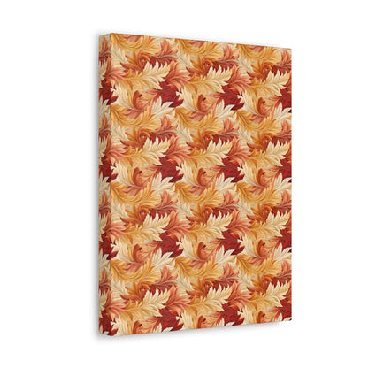 Feathered Foliage: Rococo-Inspired Autumn Patterns - Satin Canvas, Stretched - Pattern Symphony