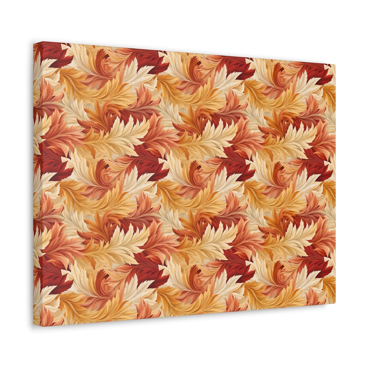 Feathered Foliage: Rococo-Inspired Autumn Patterns - Satin Canvas, Stretched - Pattern Symphony