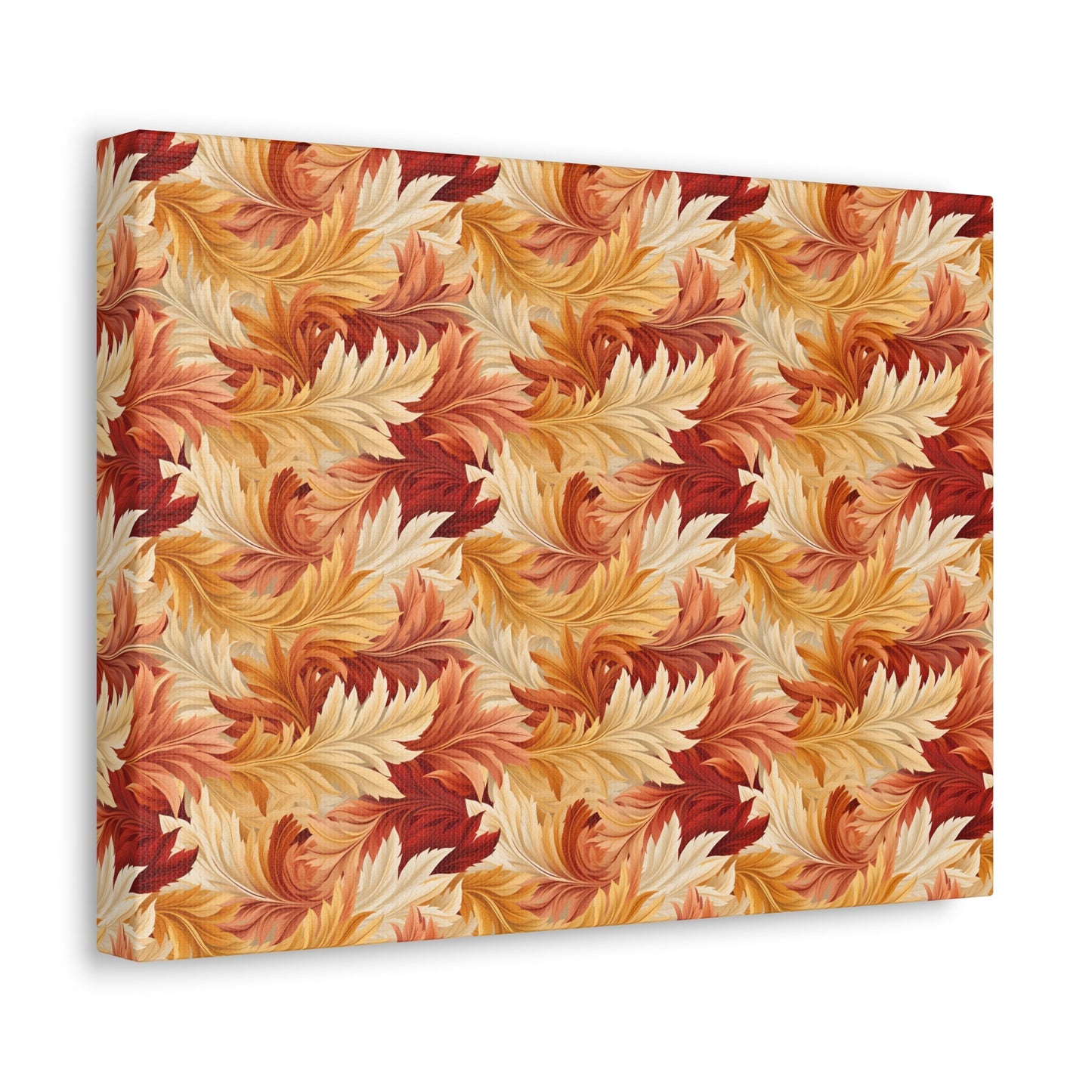 Feathered Foliage: Rococo-Inspired Autumn Patterns - Satin Canvas, Stretched - Pattern Symphony