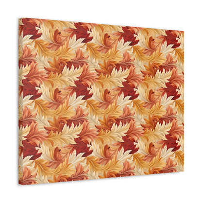 Feathered Foliage: Rococo-Inspired Autumn Patterns - Satin Canvas, Stretched - Pattern Symphony