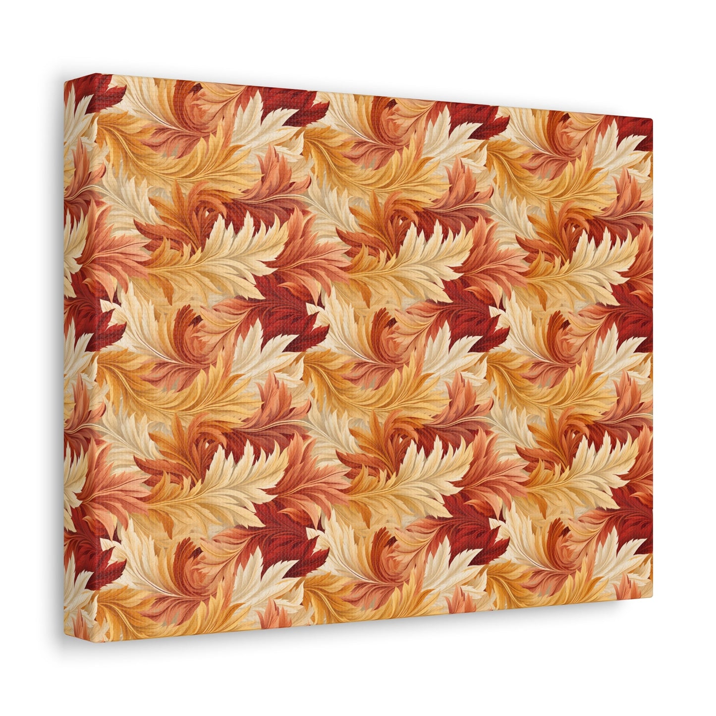 Feathered Foliage: Rococo-Inspired Autumn Patterns - Satin Canvas, Stretched - Pattern Symphony