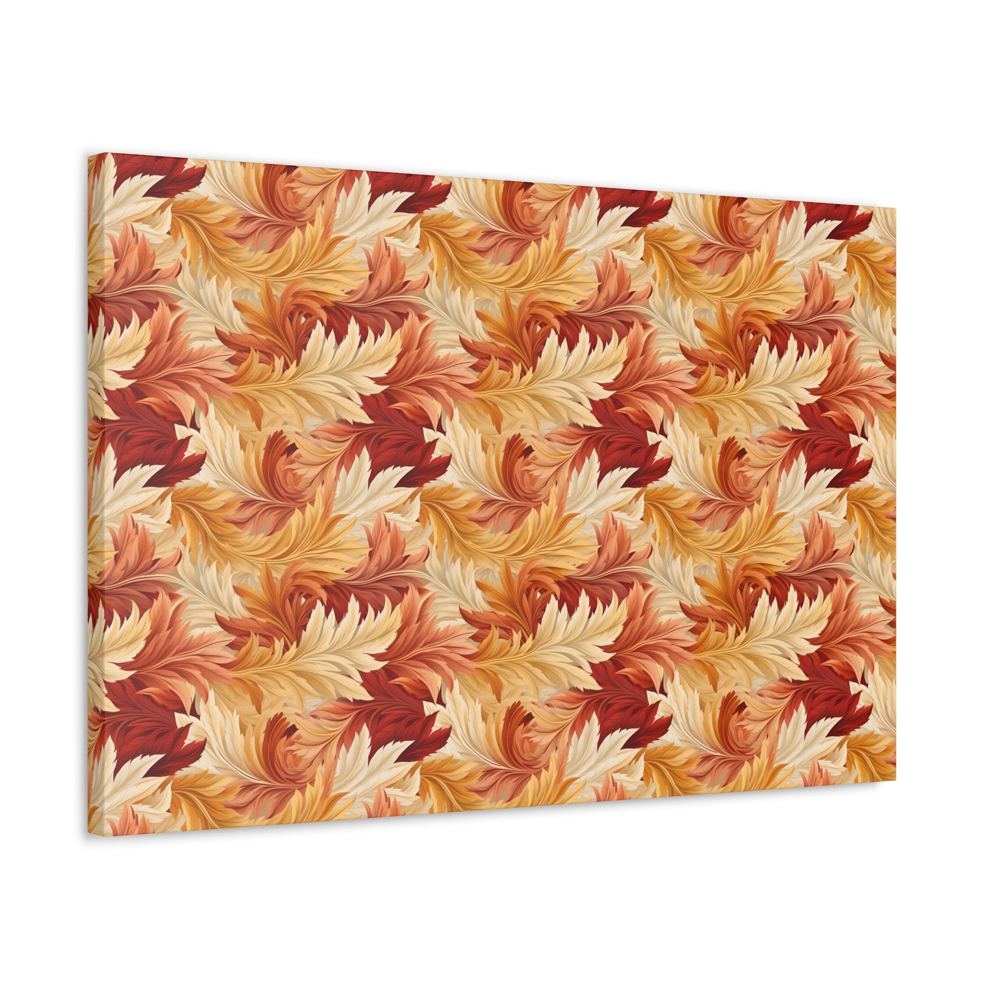 Feathered Foliage: Rococo-Inspired Autumn Patterns - Satin Canvas, Stretched - Pattern Symphony