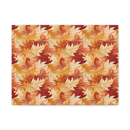 Feathered Foliage: Rococo-Inspired Autumn Patterns - Satin Canvas, Stretched - Pattern Symphony