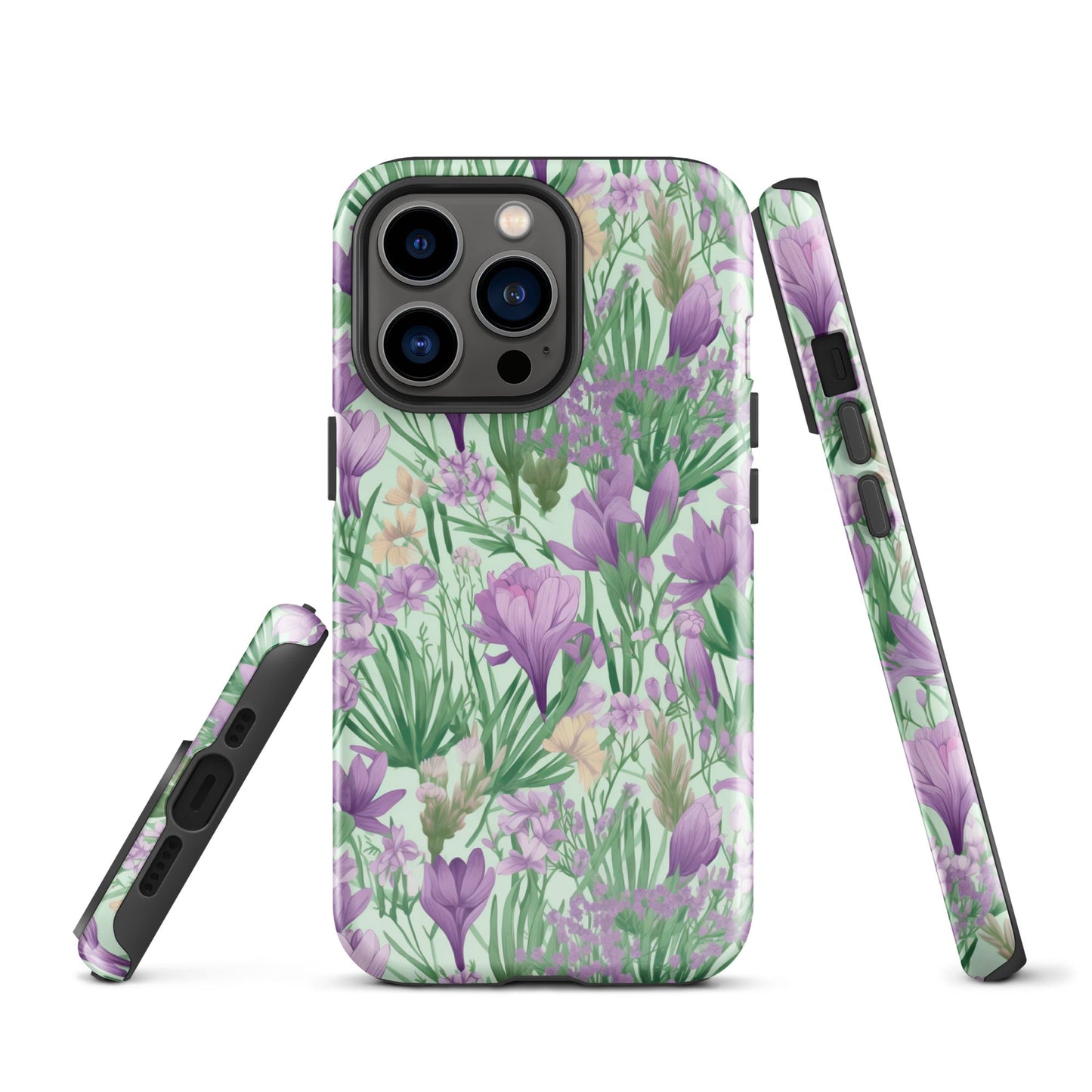 Lush Spring Garden - Purple Crocuses, Lavender Iris, and Hyacinth - iPhone Case - Pattern Symphony