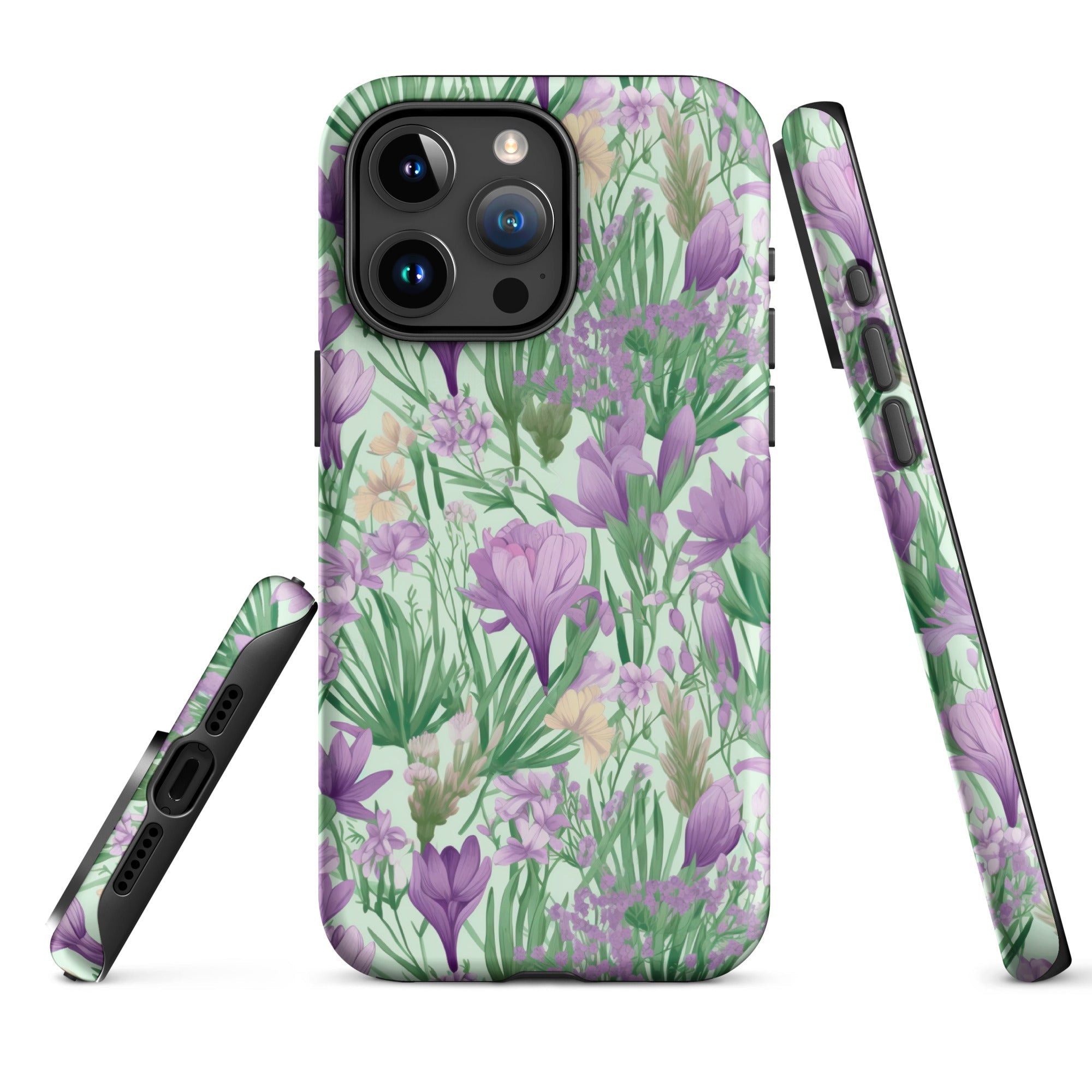 Lush Spring Garden - Purple Crocuses, Lavender Iris, and Hyacinth - iPhone Case - Pattern Symphony