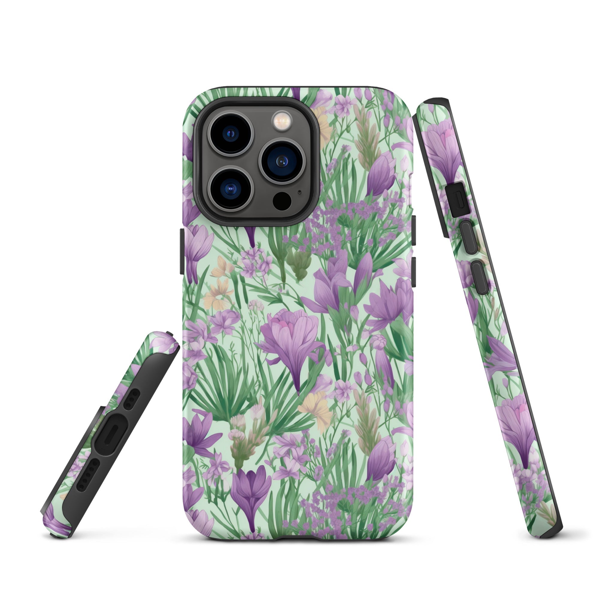 Lush Spring Garden - Purple Crocuses, Lavender Iris, and Hyacinth - iPhone Case - Pattern Symphony