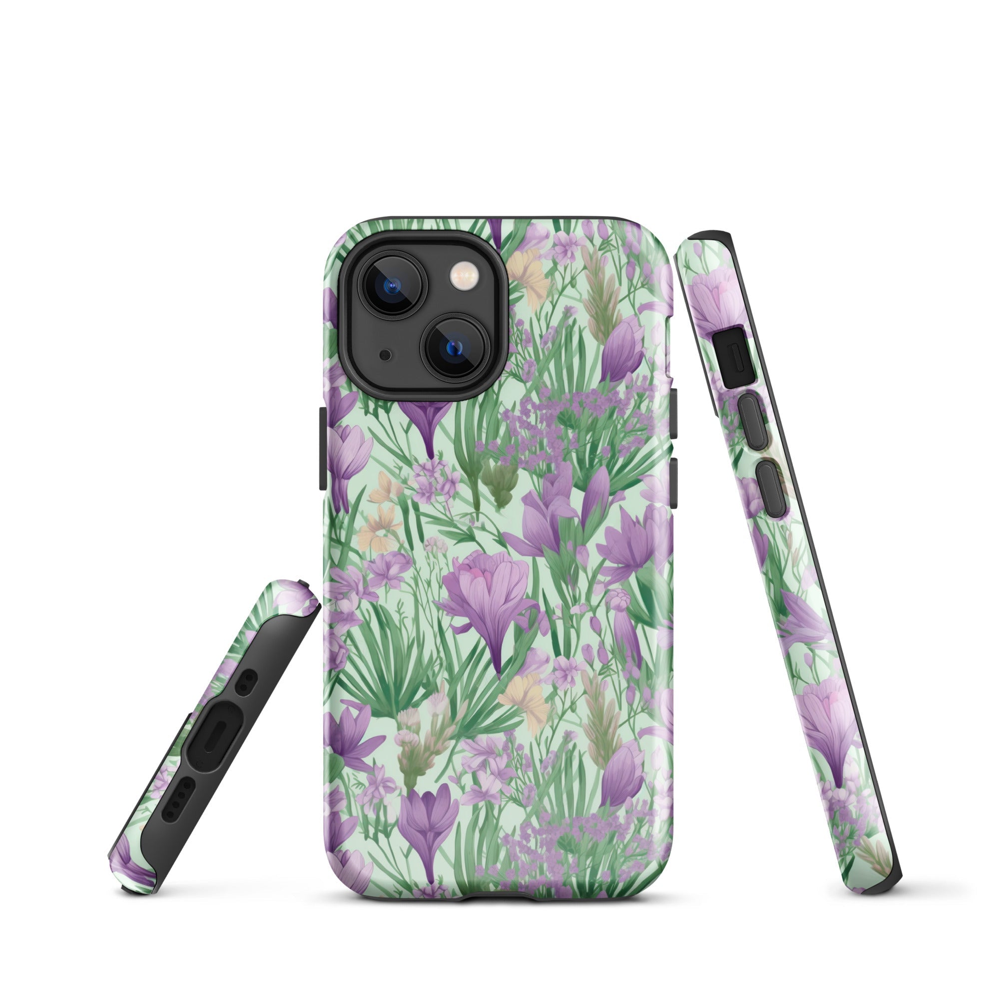 Lush Spring Garden - Purple Crocuses, Lavender Iris, and Hyacinth - iPhone Case - Pattern Symphony