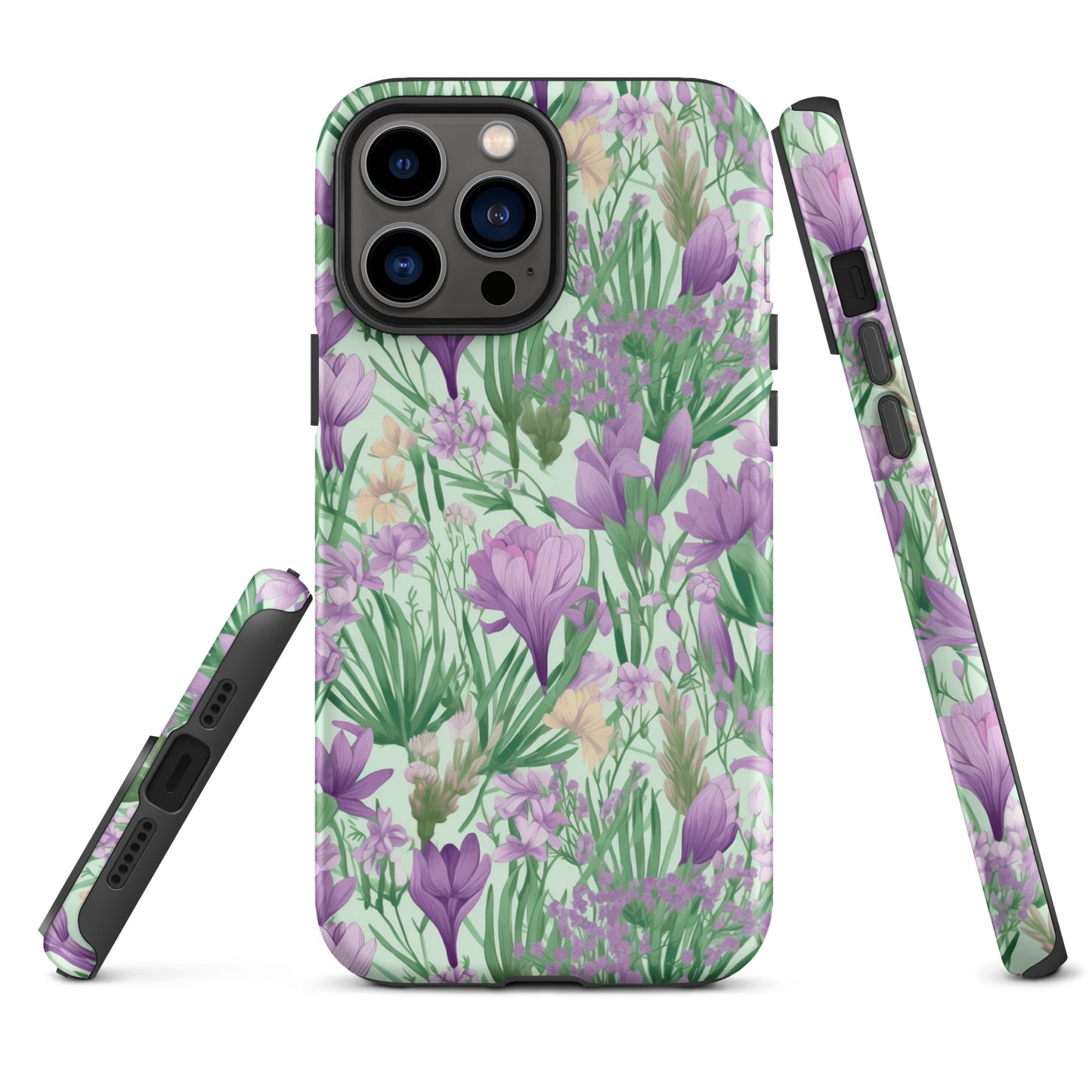 Lush Spring Garden - Purple Crocuses, Lavender Iris, and Hyacinth - iPhone Case - Pattern Symphony