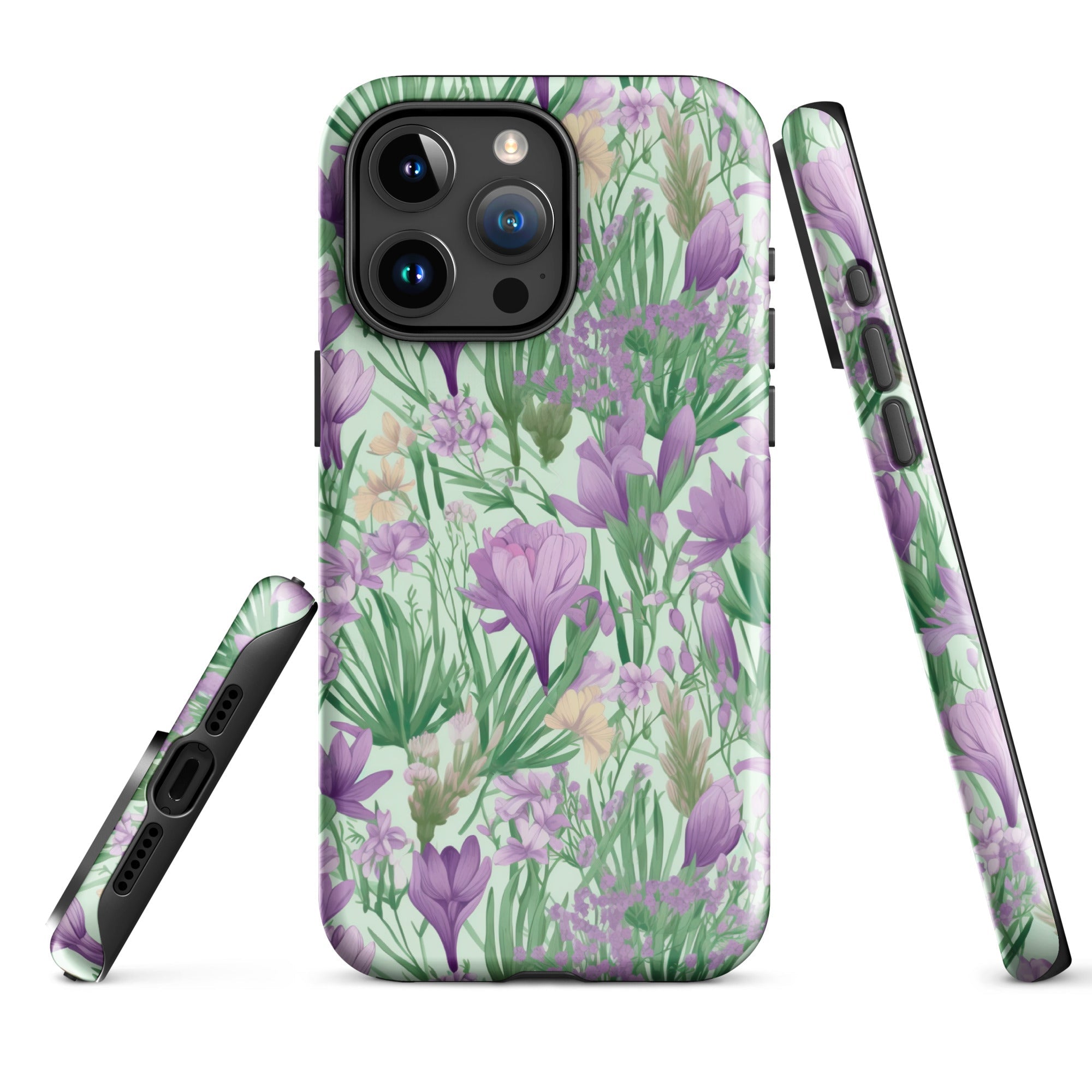 Lush Spring Garden - Purple Crocuses, Lavender Iris, and Hyacinth - iPhone Case - Pattern Symphony