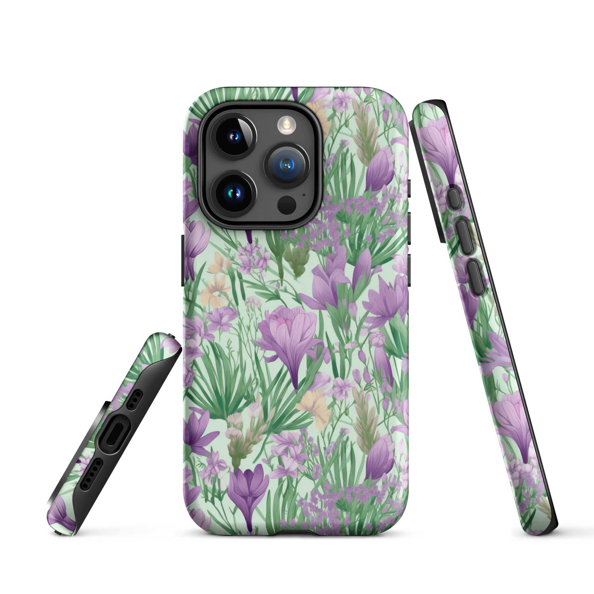 Lush Spring Garden - Purple Crocuses, Lavender Iris, and Hyacinth - iPhone Case - Pattern Symphony