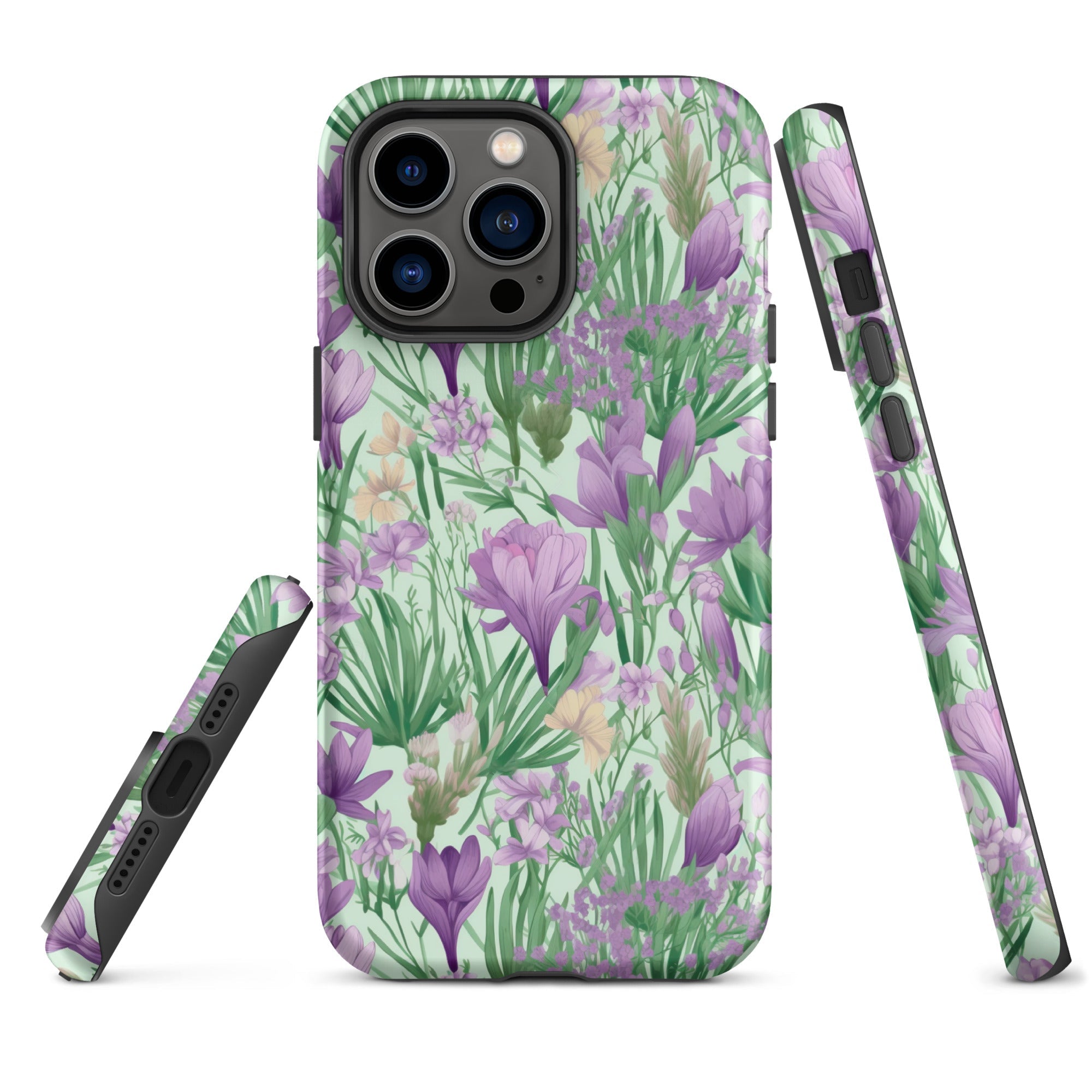 Lush Spring Garden - Purple Crocuses, Lavender Iris, and Hyacinth - iPhone Case - Pattern Symphony