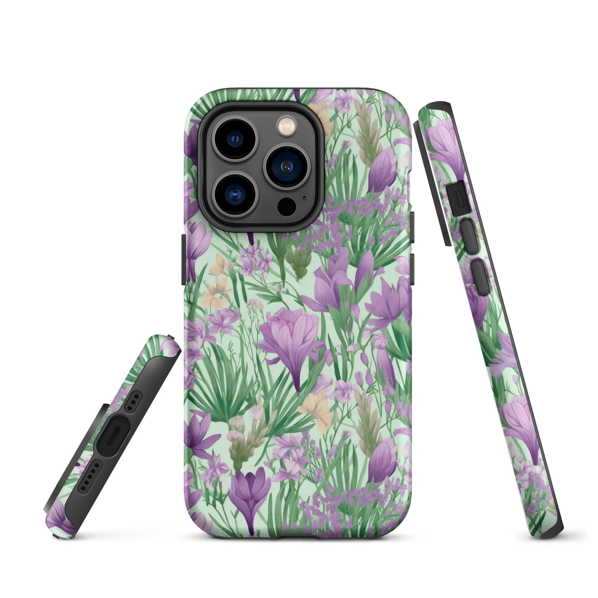 Lush Spring Garden - Purple Crocuses, Lavender Iris, and Hyacinth - iPhone Case - Pattern Symphony