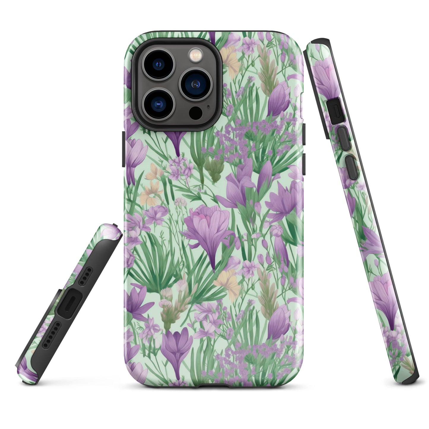 Lush Spring Garden - Purple Crocuses, Lavender Iris, and Hyacinth - iPhone Case - Pattern Symphony