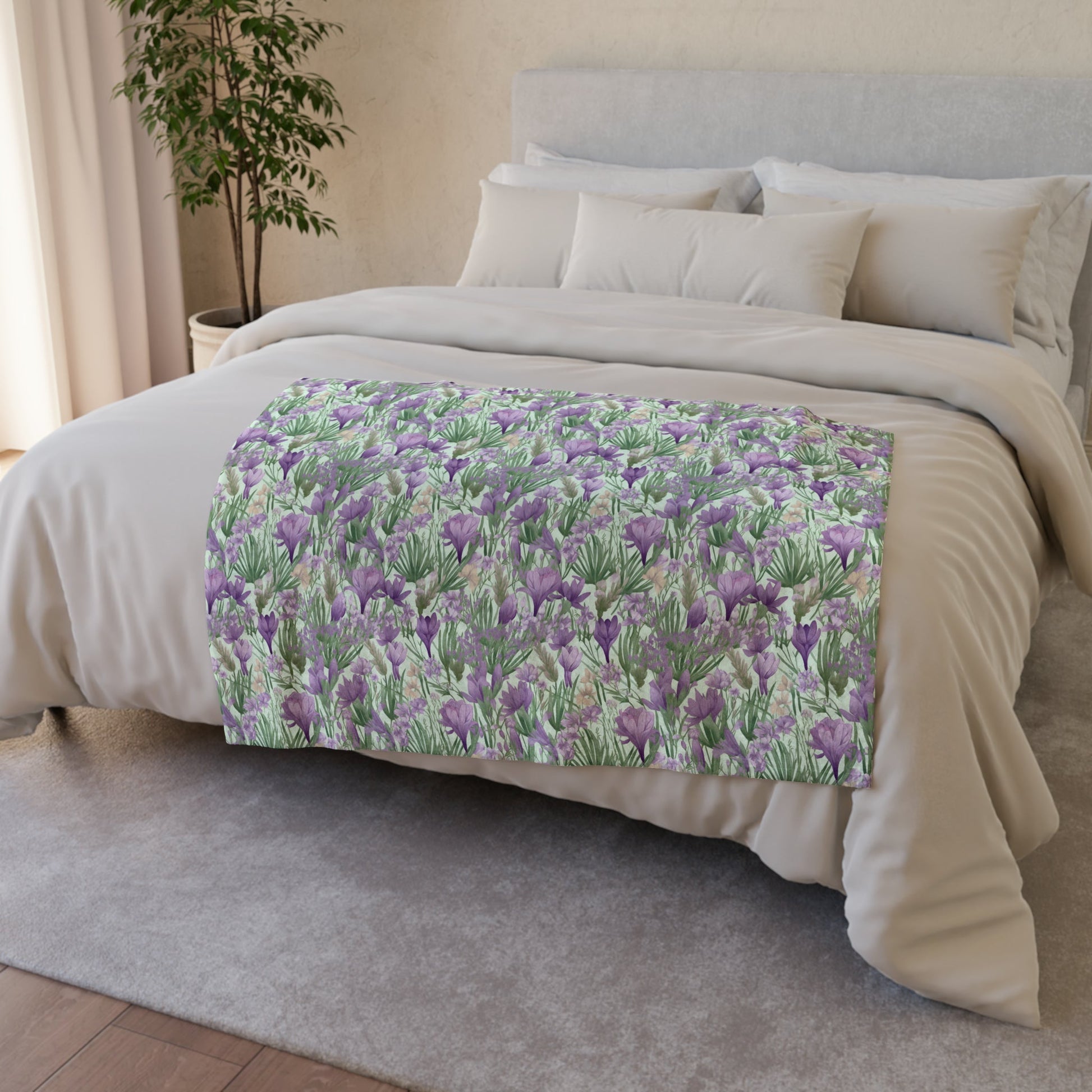 Lush Spring Garden: Purple Crocuses, Lavender Iris and Hyacinth - Sofa Throws - Pattern Symphony