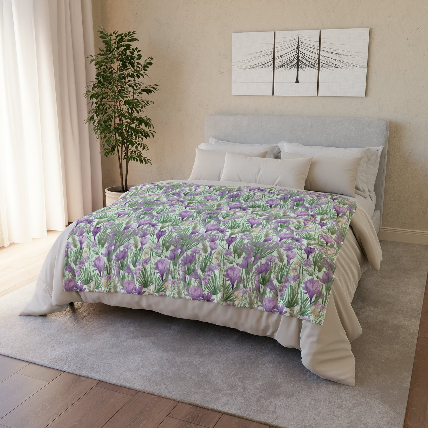 Lush Spring Garden: Purple Crocuses, Lavender Iris and Hyacinth - Sofa Throws - Pattern Symphony