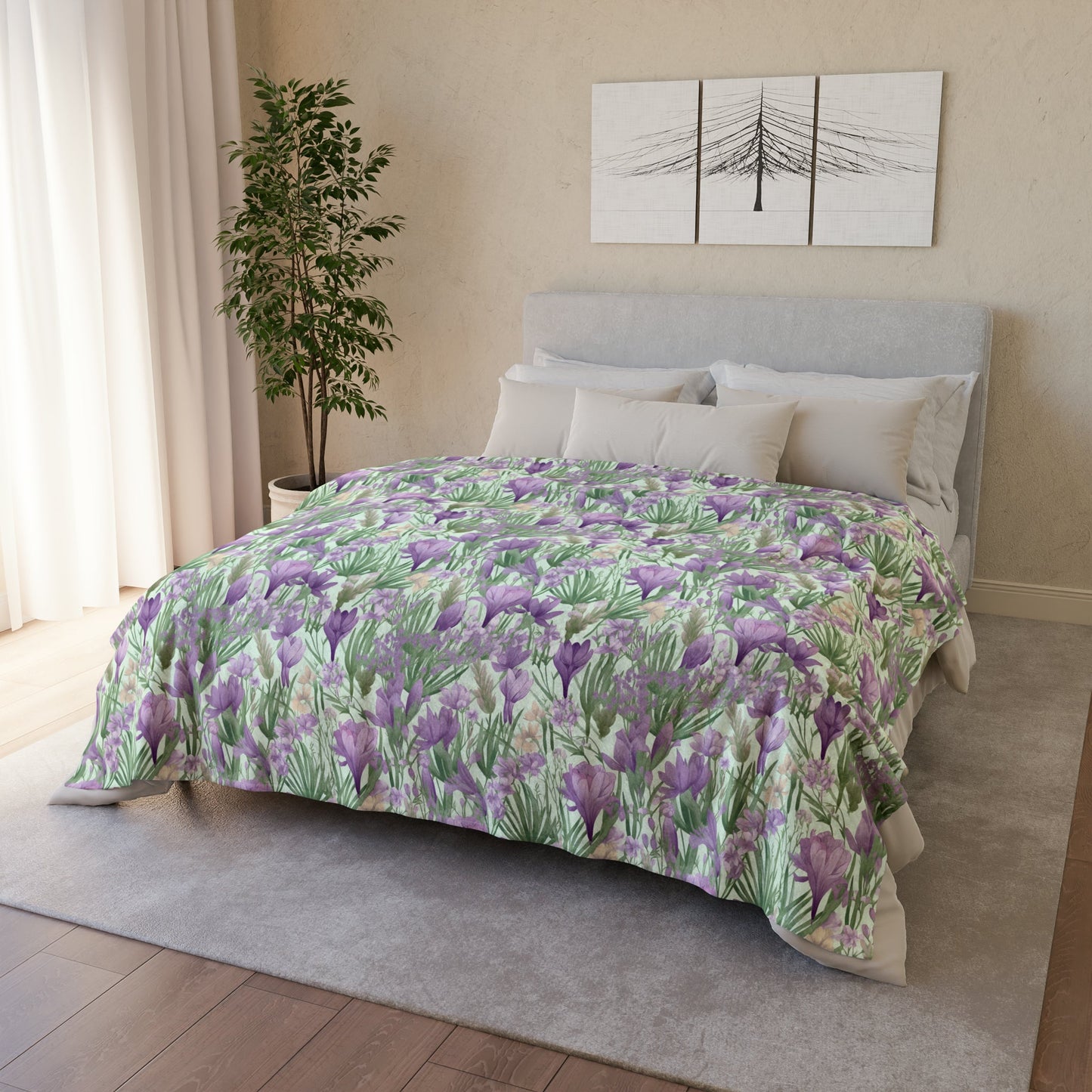 Lush Spring Garden: Purple Crocuses, Lavender Iris and Hyacinth - Sofa Throws - Pattern Symphony