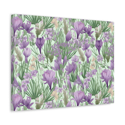 Lush Spring Garden - Purple Crocuses, Lavender Iris, and Hyacinth Wall Art Canvas - Pattern Symphony