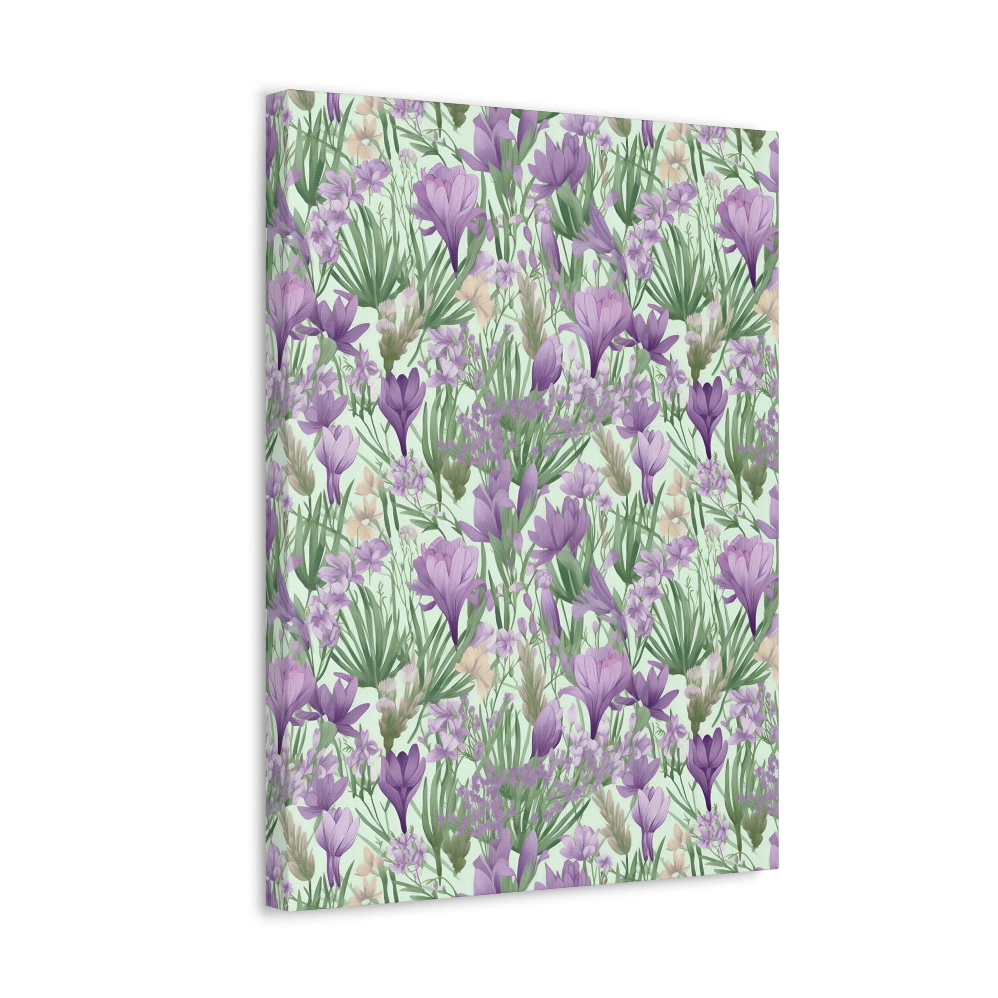 Lush Spring Garden - Purple Crocuses, Lavender Iris, and Hyacinth Wall Art Canvas - Pattern Symphony