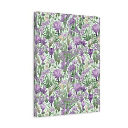 Lush Spring Garden - Purple Crocuses, Lavender Iris, and Hyacinth Wall Art Canvas - Pattern Symphony