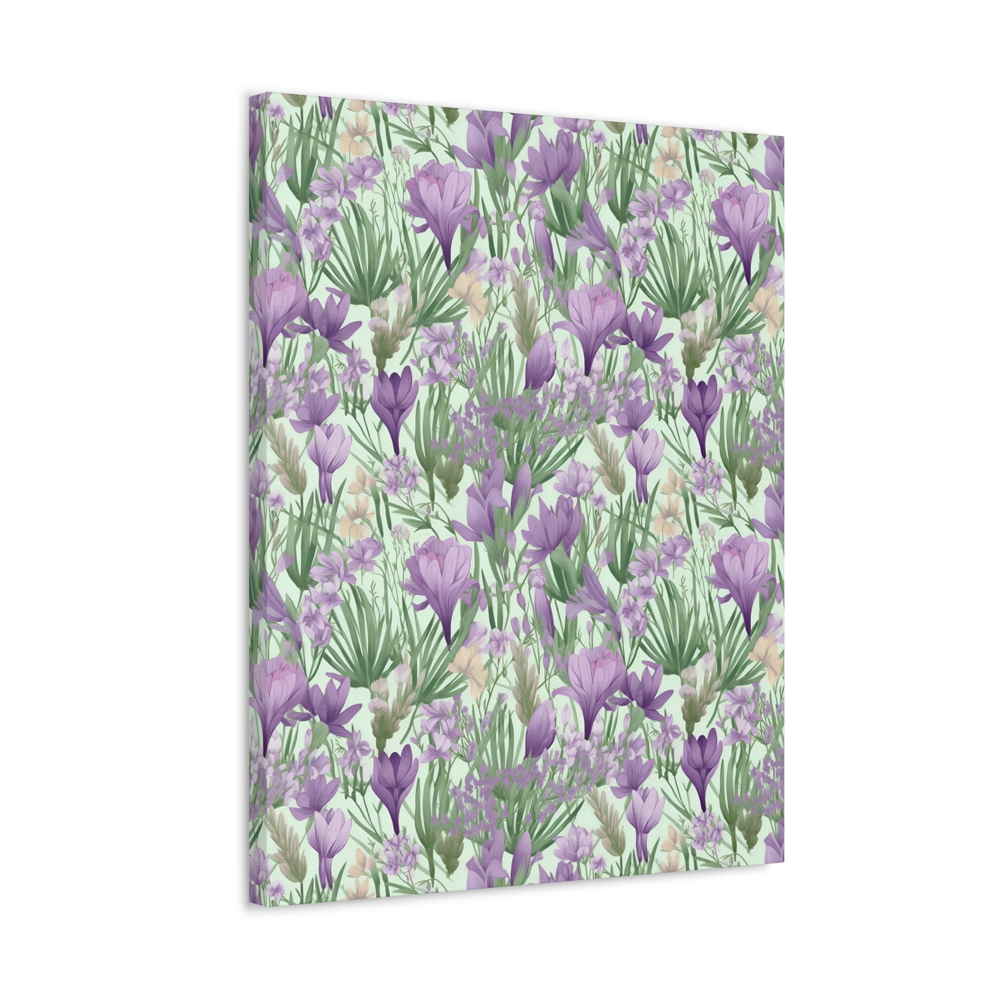 Lush Spring Garden - Purple Crocuses, Lavender Iris, and Hyacinth Wall Art Canvas - Pattern Symphony