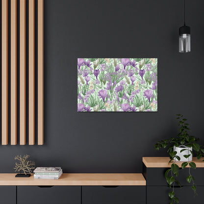 Lush Spring Garden - Purple Crocuses, Lavender Iris, and Hyacinth Wall Art Canvas - Pattern Symphony