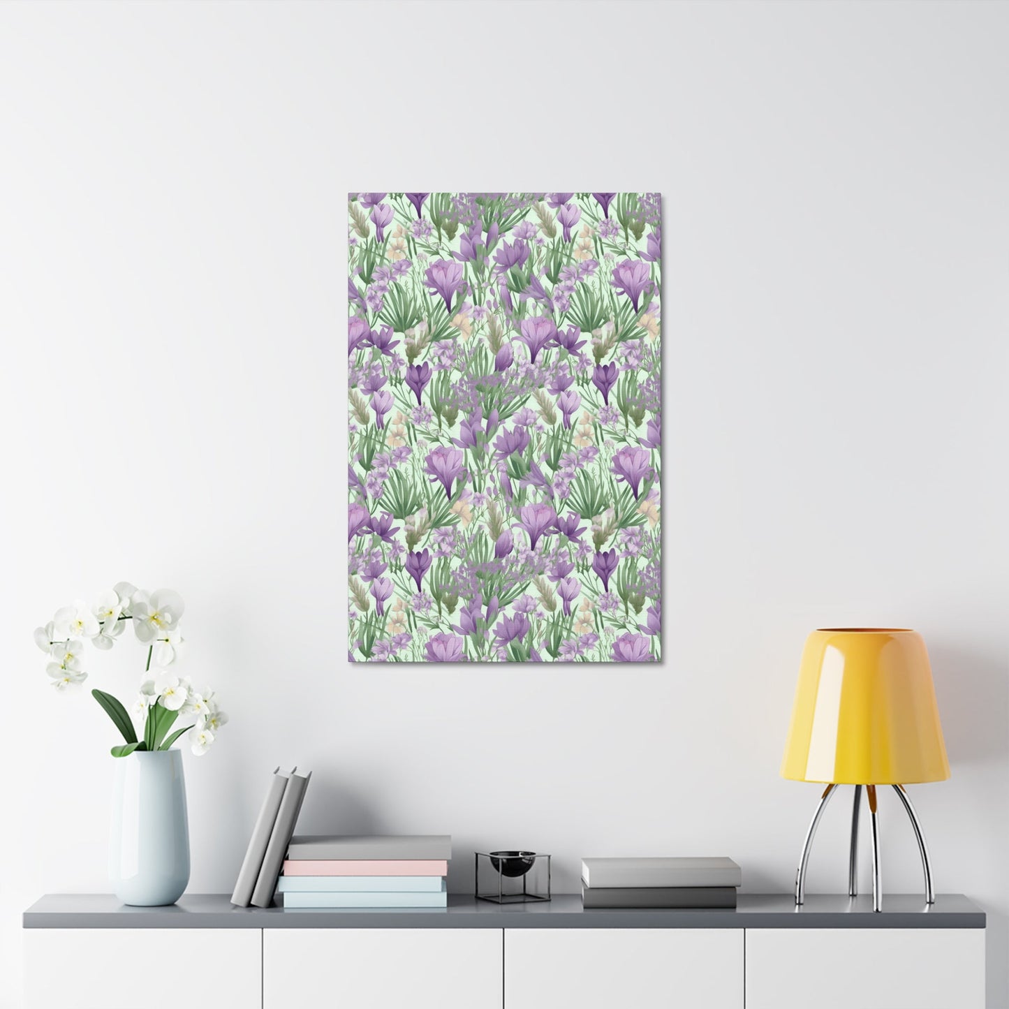 Lush Spring Garden - Purple Crocuses, Lavender Iris, and Hyacinth Wall Art Canvas - Pattern Symphony