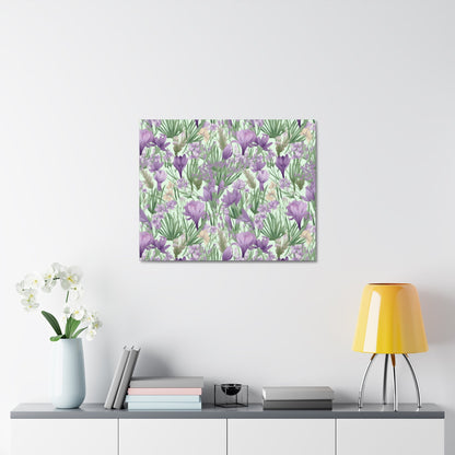 Lush Spring Garden - Purple Crocuses, Lavender Iris, and Hyacinth Wall Art Canvas - Pattern Symphony