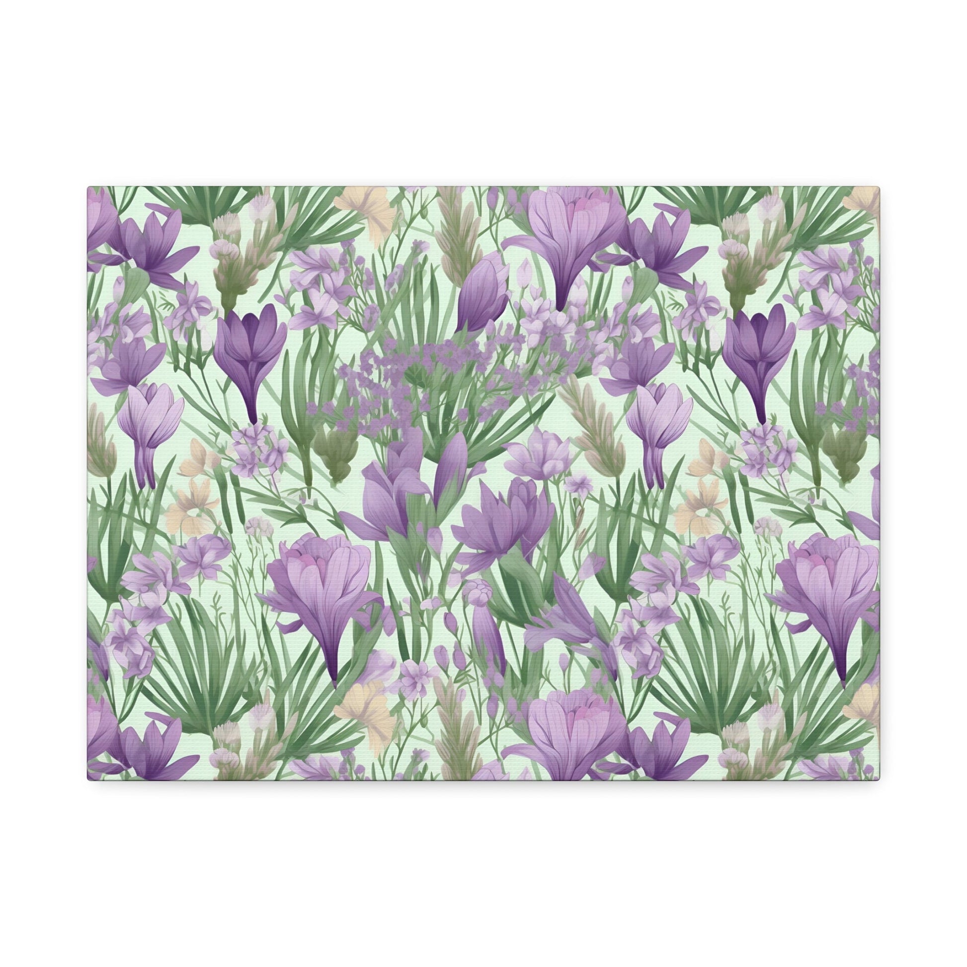 Lush Spring Garden - Purple Crocuses, Lavender Iris, and Hyacinth Wall Art Canvas - Pattern Symphony