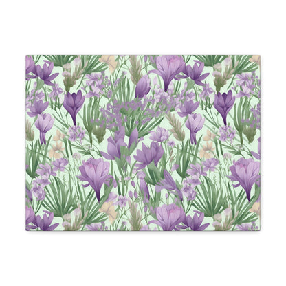 Lush Spring Garden - Purple Crocuses, Lavender Iris, and Hyacinth Wall Art Canvas - Pattern Symphony