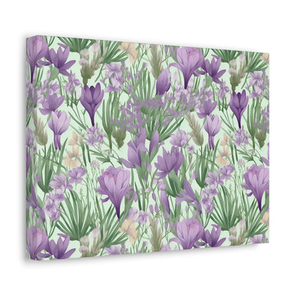 Lush Spring Garden - Purple Crocuses, Lavender Iris, and Hyacinth Wall Art Canvas - Pattern Symphony