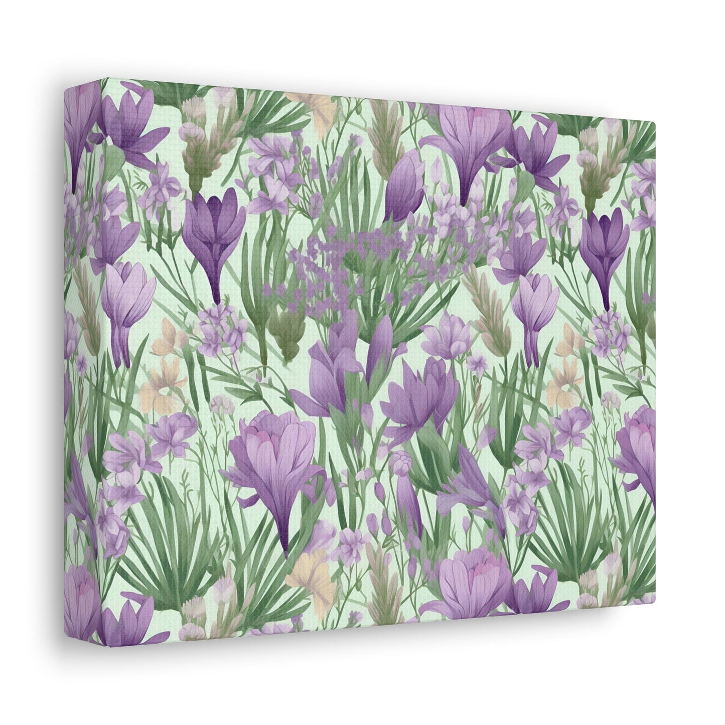 Lush Spring Garden - Purple Crocuses, Lavender Iris, and Hyacinth Wall Art Canvas - Pattern Symphony