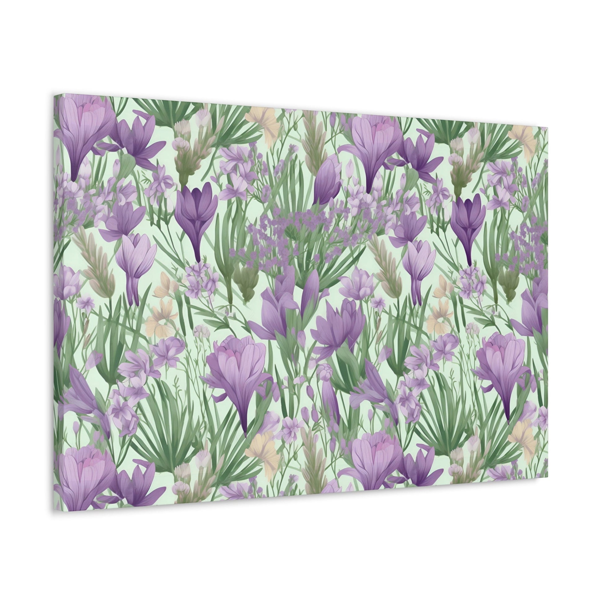 Lush Spring Garden - Purple Crocuses, Lavender Iris, and Hyacinth Wall Art Canvas - Pattern Symphony