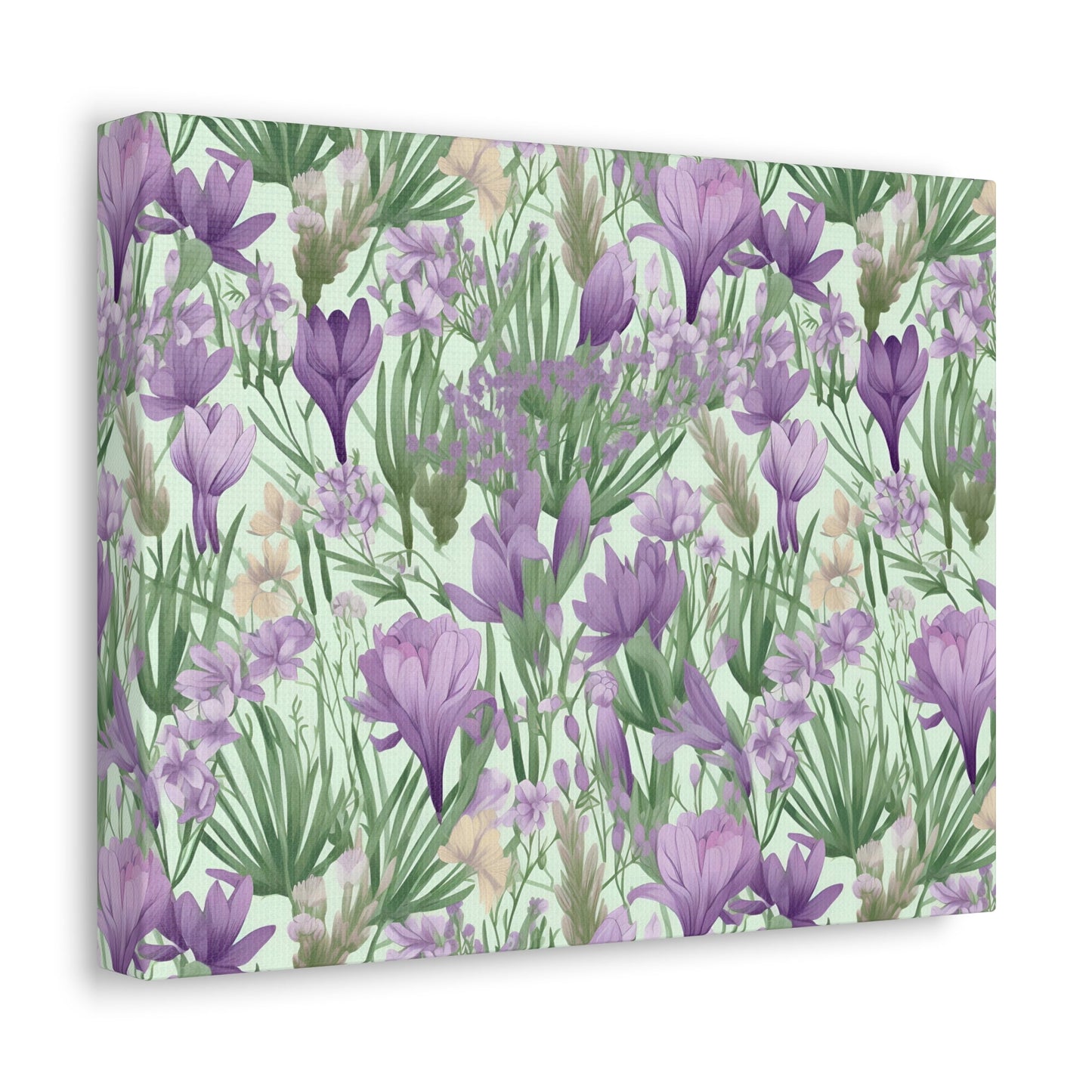 Lush Spring Garden - Purple Crocuses, Lavender Iris, and Hyacinth Wall Art Canvas - Pattern Symphony