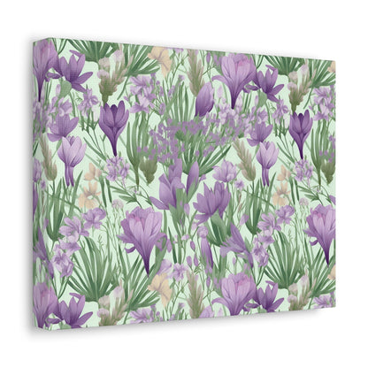 Lush Spring Garden - Purple Crocuses, Lavender Iris, and Hyacinth Wall Art Canvas - Pattern Symphony