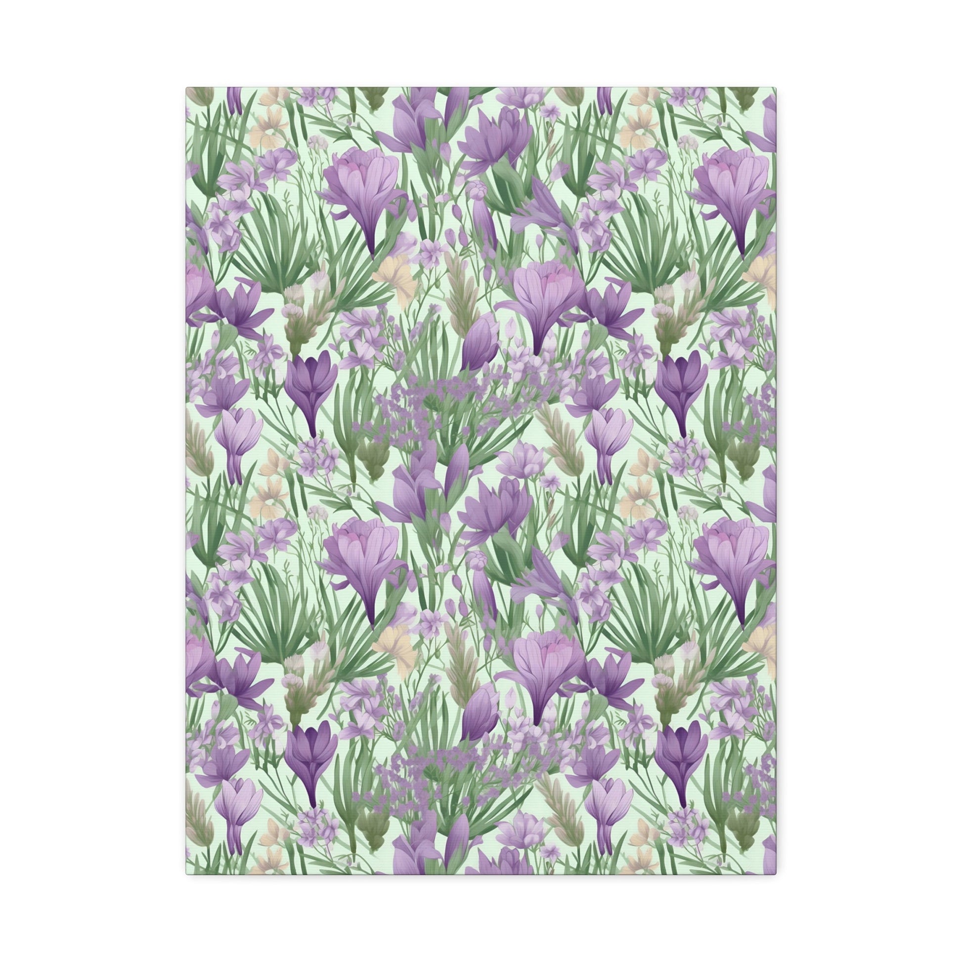 Lush Spring Garden - Purple Crocuses, Lavender Iris, and Hyacinth Wall Art Canvas - Pattern Symphony