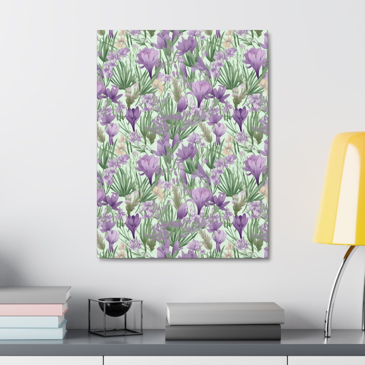 Lush Spring Garden - Purple Crocuses, Lavender Iris, and Hyacinth Wall Art Canvas - Pattern Symphony