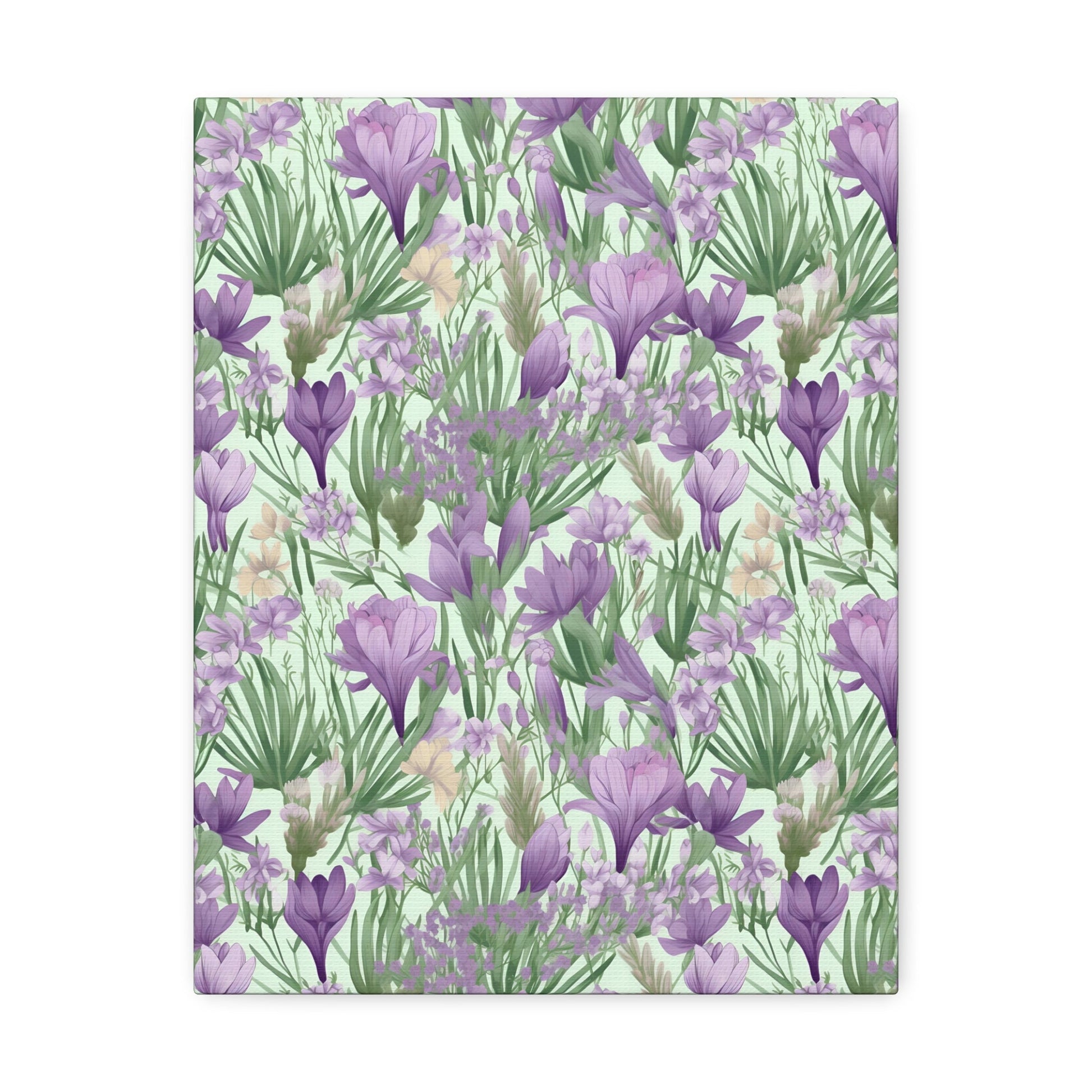 Lush Spring Garden - Purple Crocuses, Lavender Iris, and Hyacinth Wall Art Canvas - Pattern Symphony