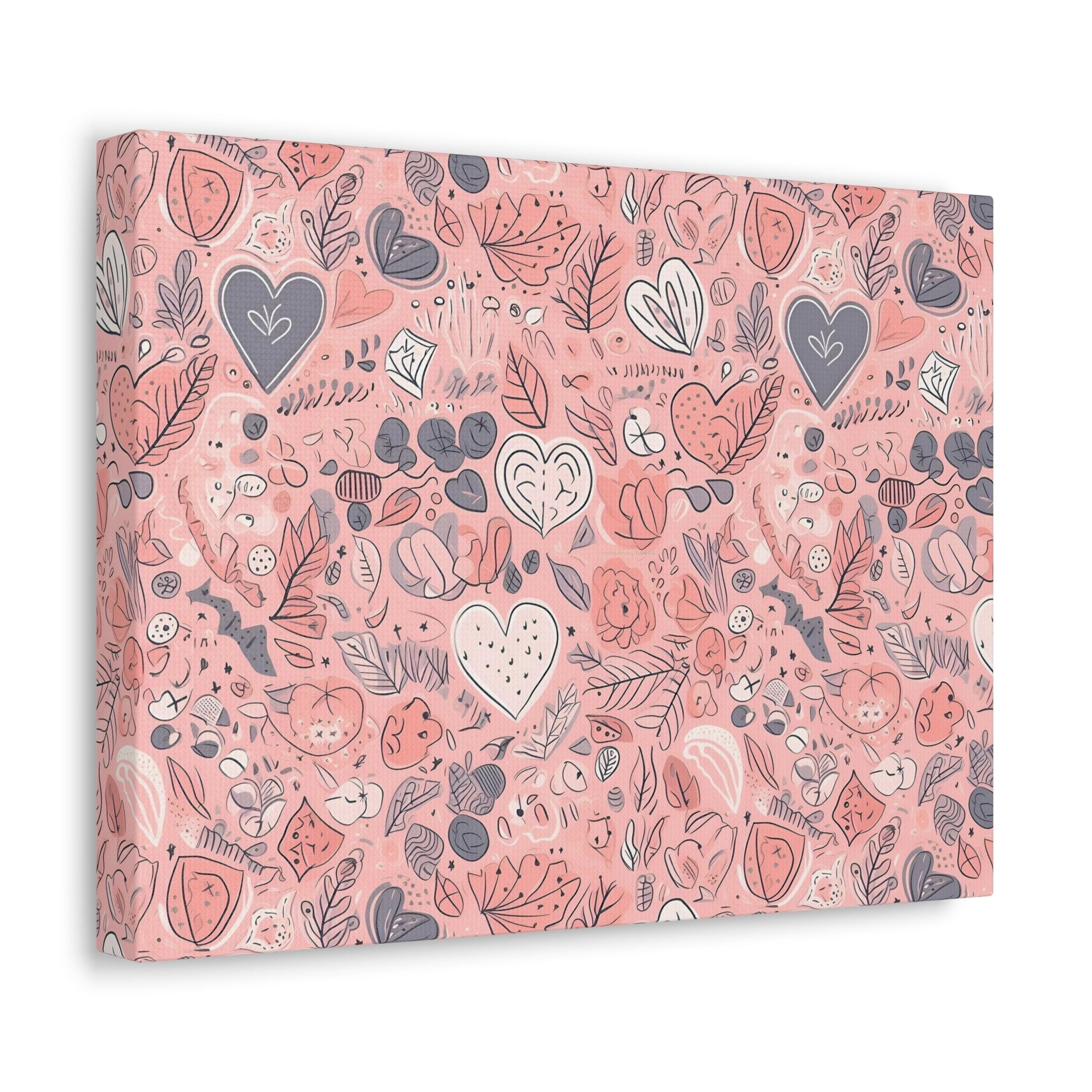 Springtime Blushing Hearts and Leaves - Whimsical Romance Wall Art Canvas - Pattern Symphony