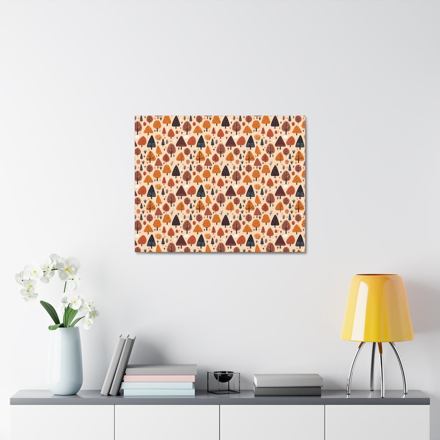 Terracotta Tree Tapestry: A Playful Autumn Mosaic - Satin Canvas, Stretched - Pattern Symphony