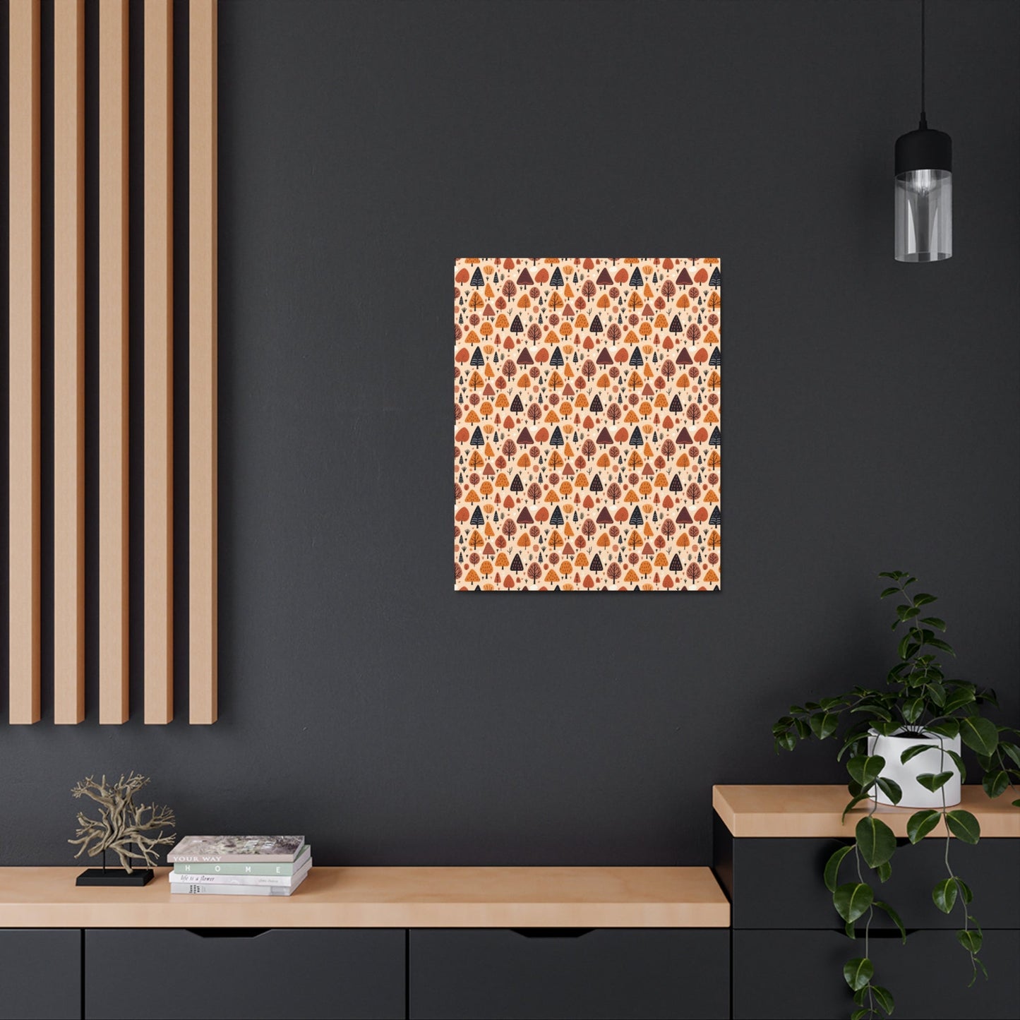 Terracotta Tree Tapestry: A Playful Autumn Mosaic - Satin Canvas, Stretched - Pattern Symphony