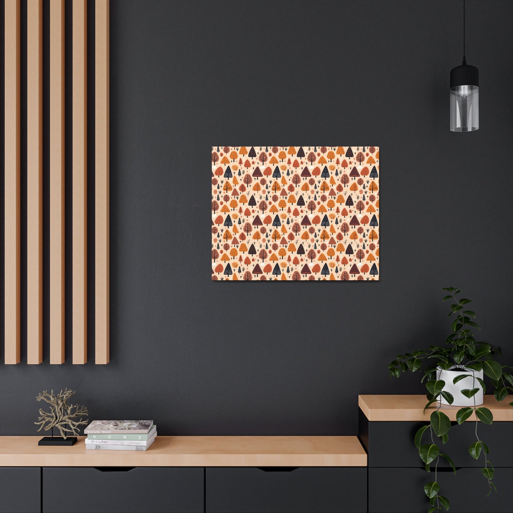 Terracotta Tree Tapestry: A Playful Autumn Mosaic - Satin Canvas, Stretched - Pattern Symphony